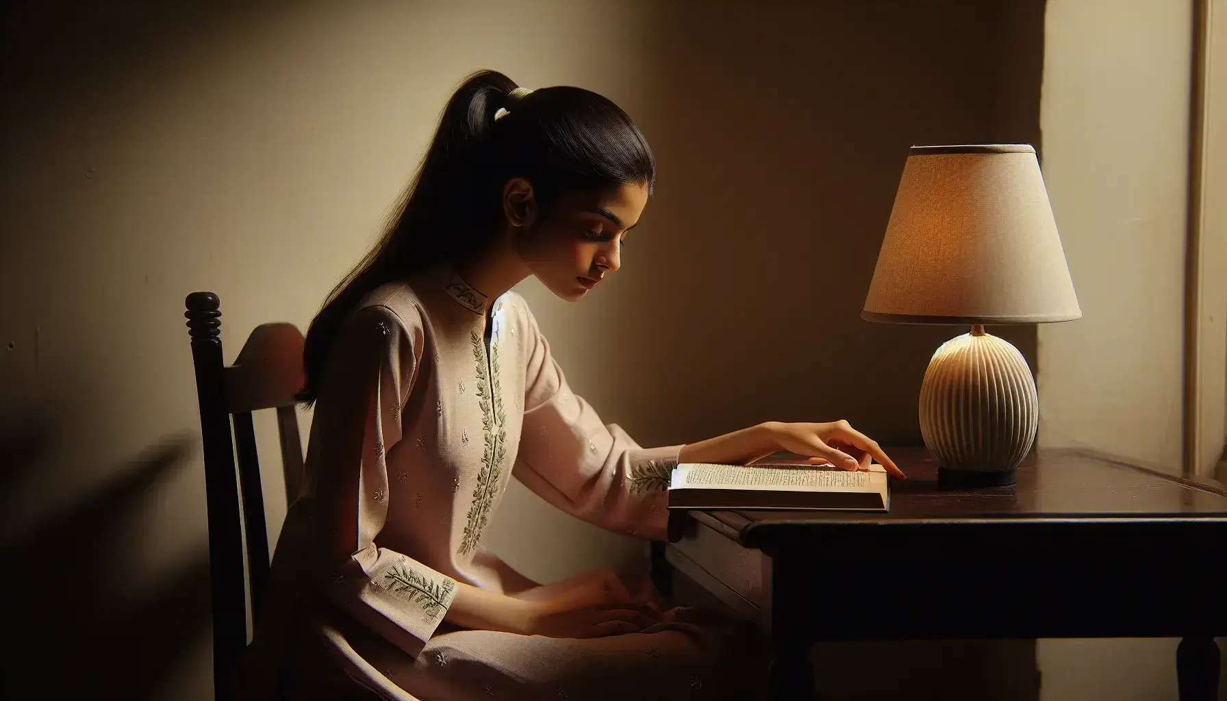 Ragazza in shalwar kameez rosa legge concentrata un libro illuminato da una lampada su tavolo in legno.