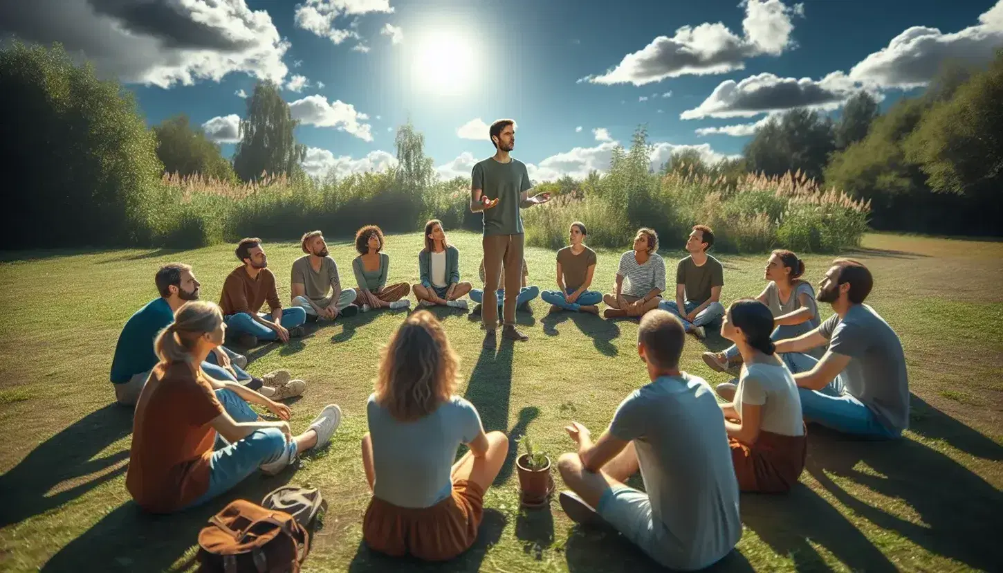 Grupo diverso de personas sentadas en círculo en un parque con una persona de pie en el centro hablando, bajo un cielo azul con nubes dispersas.