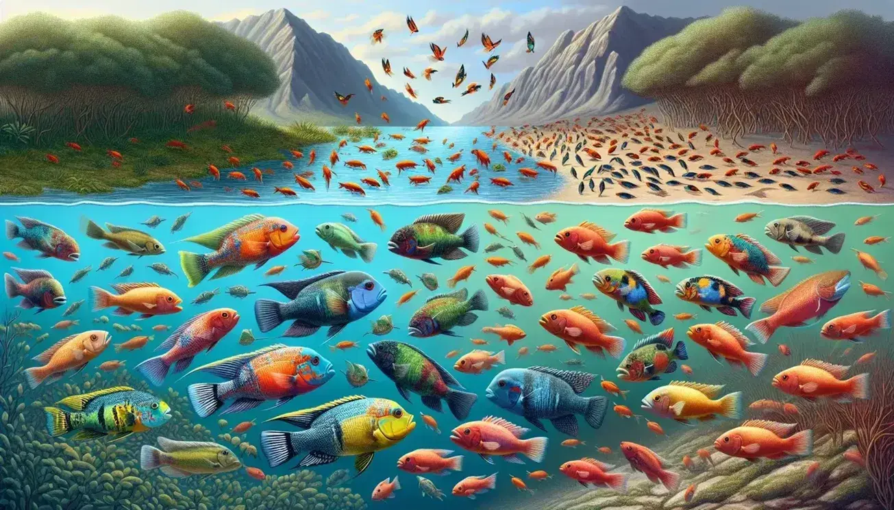 Split scene illustrating sympatric speciation with diverse cichlid fish in a lake and allopatric speciation with finches separated by a natural barrier.