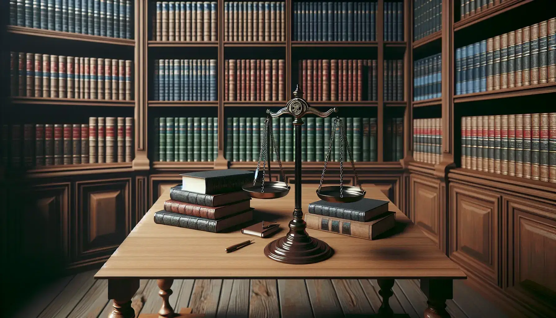 Biblioteca con estanterías de madera oscura llenas de libros encuadernados frente a una mesa con una balanza de la justicia metálica y brillante.
