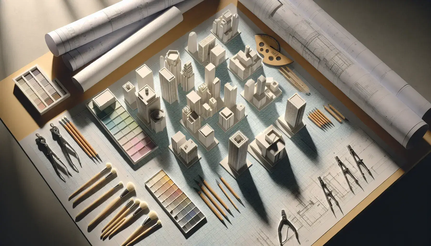 Mesa de trabajo de arquitectura con maquetas en blanco y gris, reglas metálicas, paleta de colores pastel, pinceles y planos técnicos parcialmente desenrollados.
