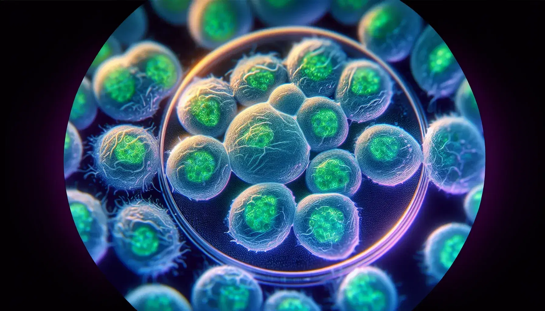 Cell culture dividing under microscope, with membranes highlighted in green and nuclei in blue, purple shade in the background.