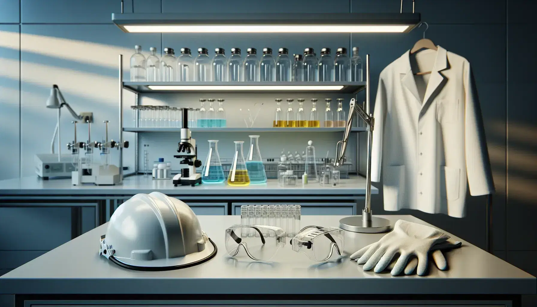 Laboratorio moderno con mesa de trabajo, guantes de seguridad, gafas protectoras, casco y bata colgada, estantes con frascos de líquidos coloridos y microscopio.