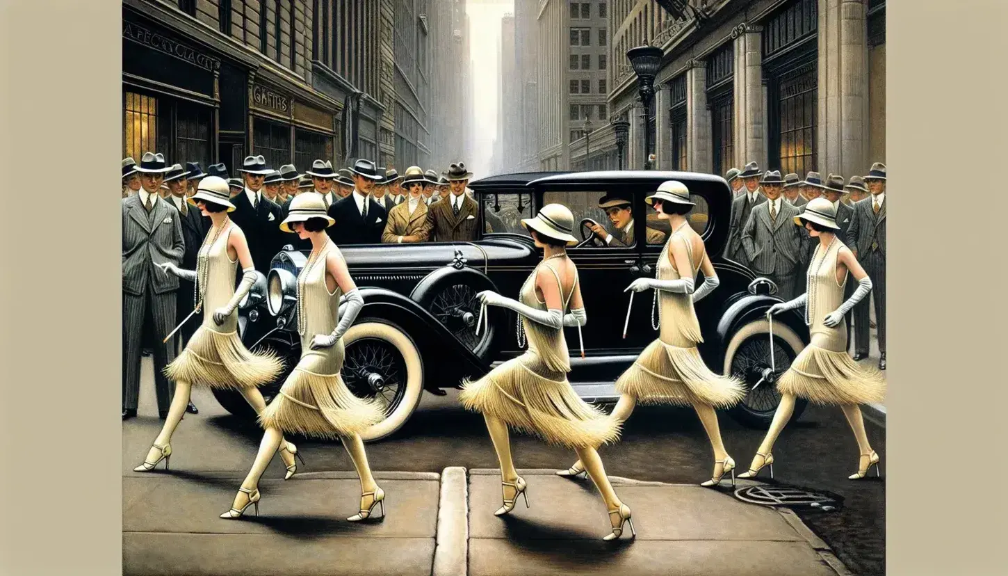 1920s city street with flapper women in fringed dresses and cloche hats, a classic car parked, a man in a pinstripe suit by a lamppost, and Art Deco buildings.