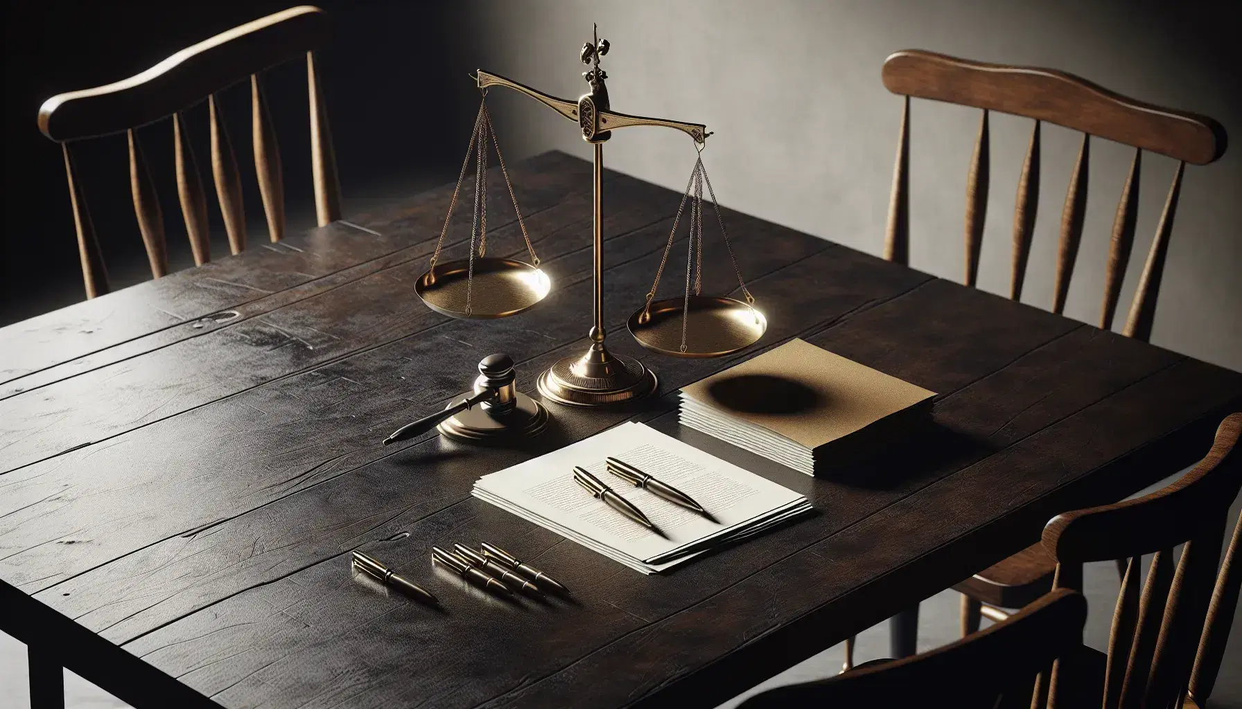 Mesa de madera oscura con dos sillas y asientos de cuero marrón, documentos apilados y bolígrafos metálicos brillantes junto a una balanza de justicia dorada en equilibrio.