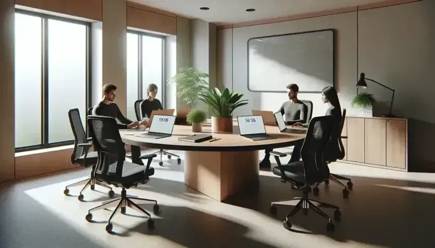 Round wooden table with four ergonomic chairs in a bright office, laptops open, a central potted plant, and a diverse team engaged in discussion.