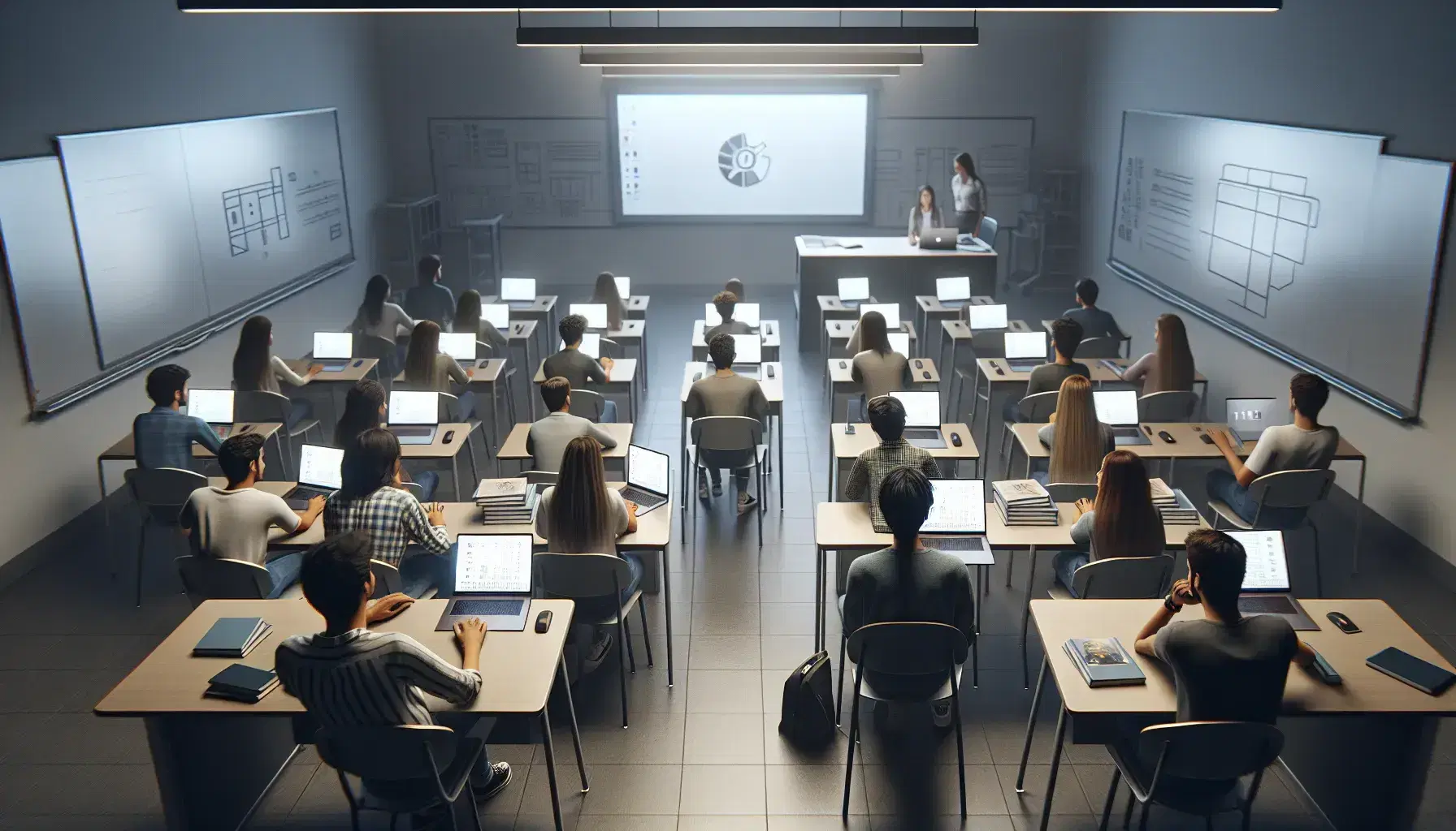 Modern Spanish classroom with diverse students using laptops in a semi-circle around an interactive whiteboard, highlighting digital education.