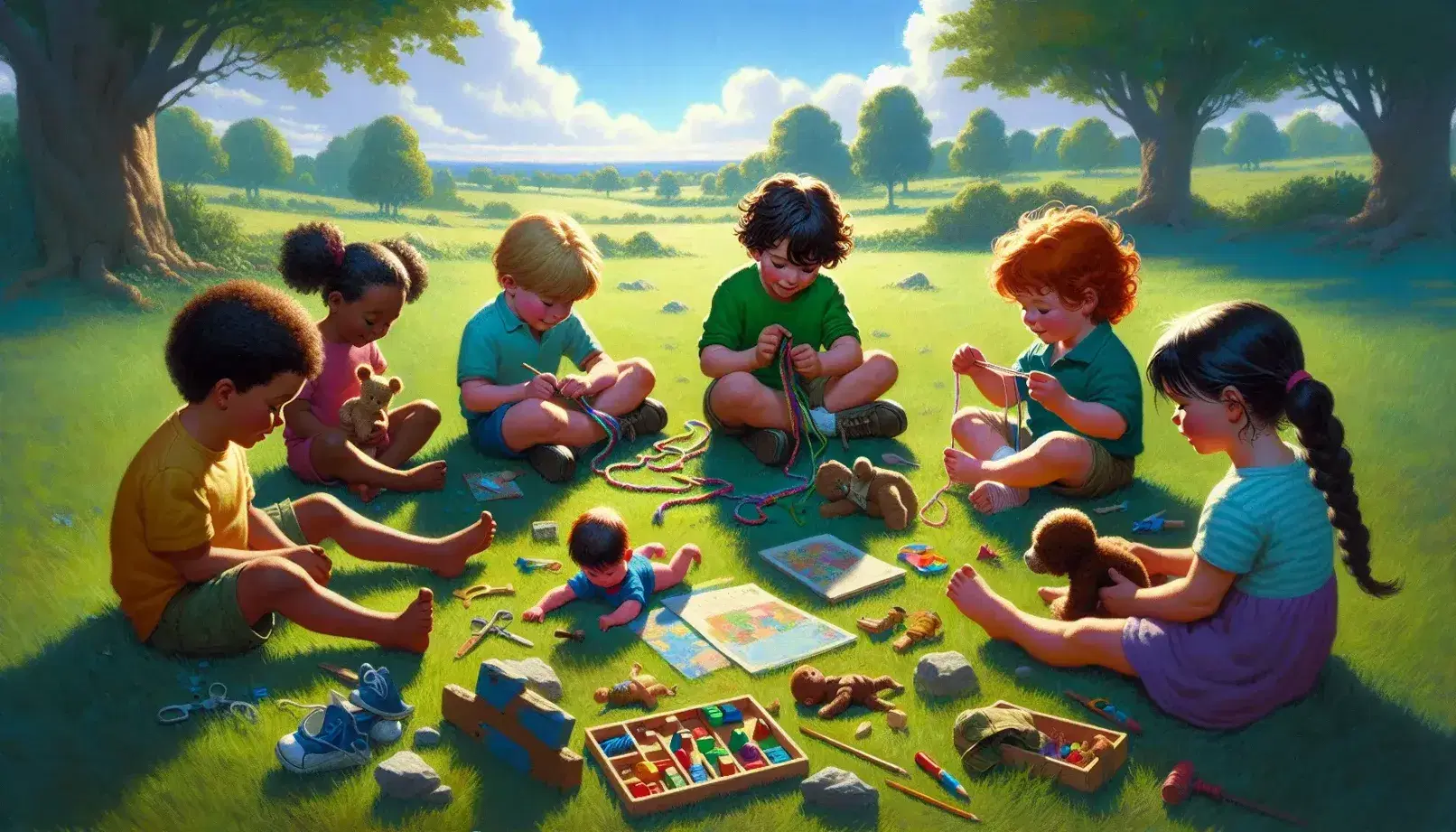 Six children sitting in a semicircle on a green field under a blue sky, engaged in unconventional activities, each playing a different game.