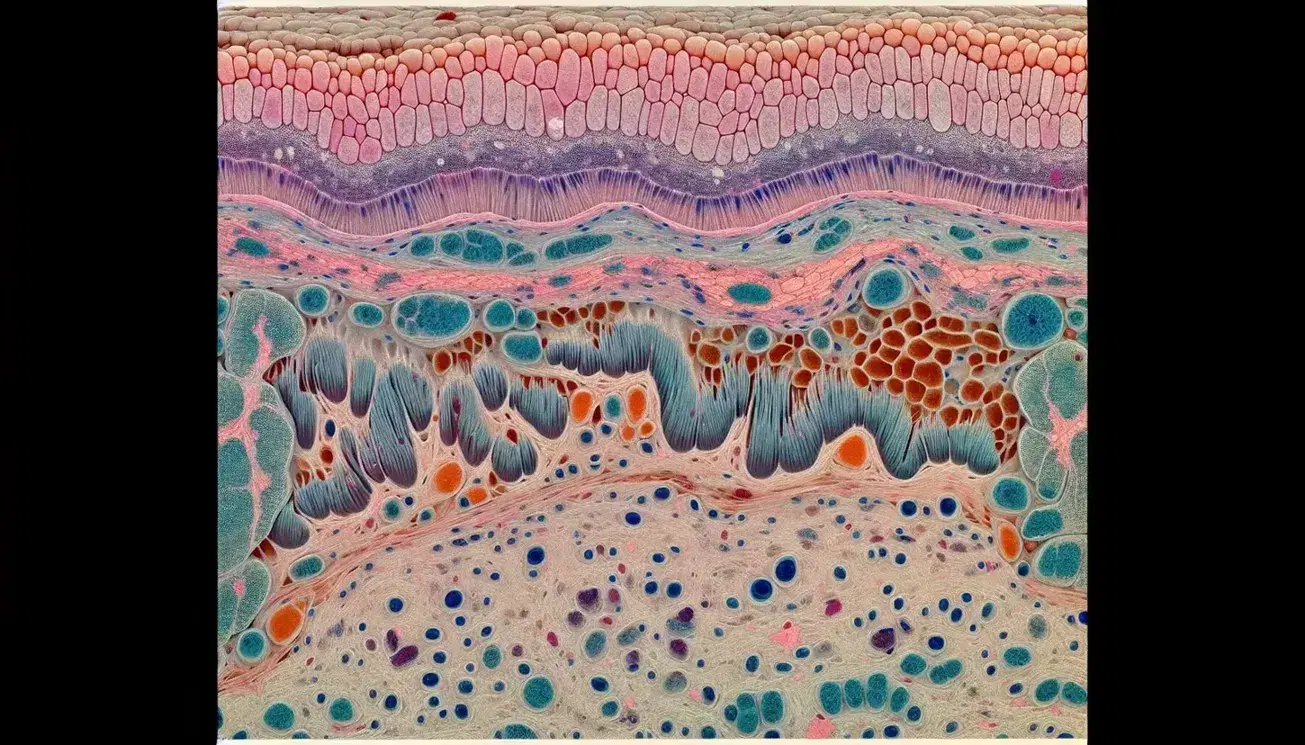 Sezione di pelle umana al microscopio elettronico con strati epidermici colorati, matrice extracellulare, fibre di collagene, muscoli lisci e terminazioni nervose.
