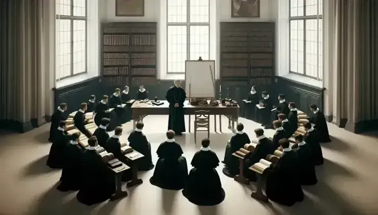 Grupo de jóvenes atentos en clase de teología con sacerdote enseñando, rodeados de libros y sentados en semicírculo en una sala iluminada naturalmente.