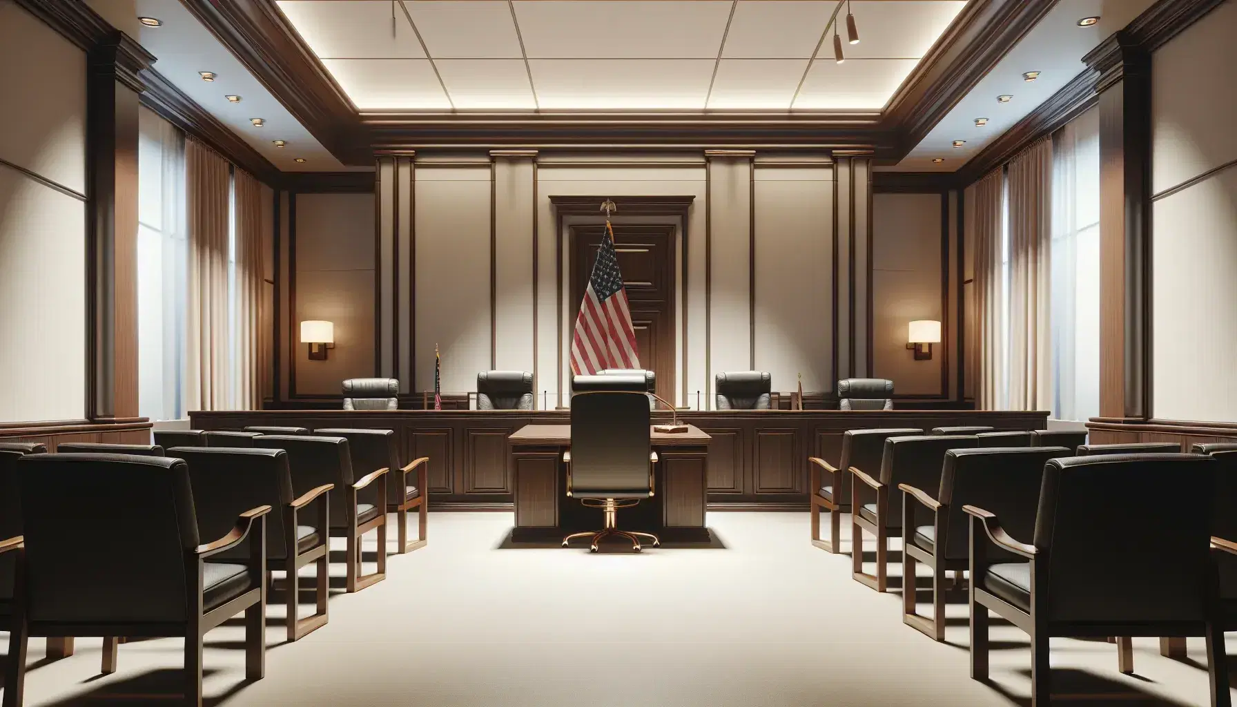 Sala de tribunal vacía con mesa larga de madera oscura, silla elevada para el juez y bandera nacional a la derecha, iluminada por luces empotradas.
