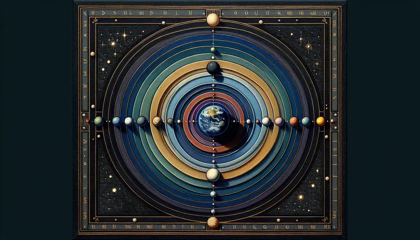 Rappresentazione artistica del sistema solare medievale con Terra al centro, circondata da sette sfere celesti colorate e pianeti variopinti su sfondo stellato nero.