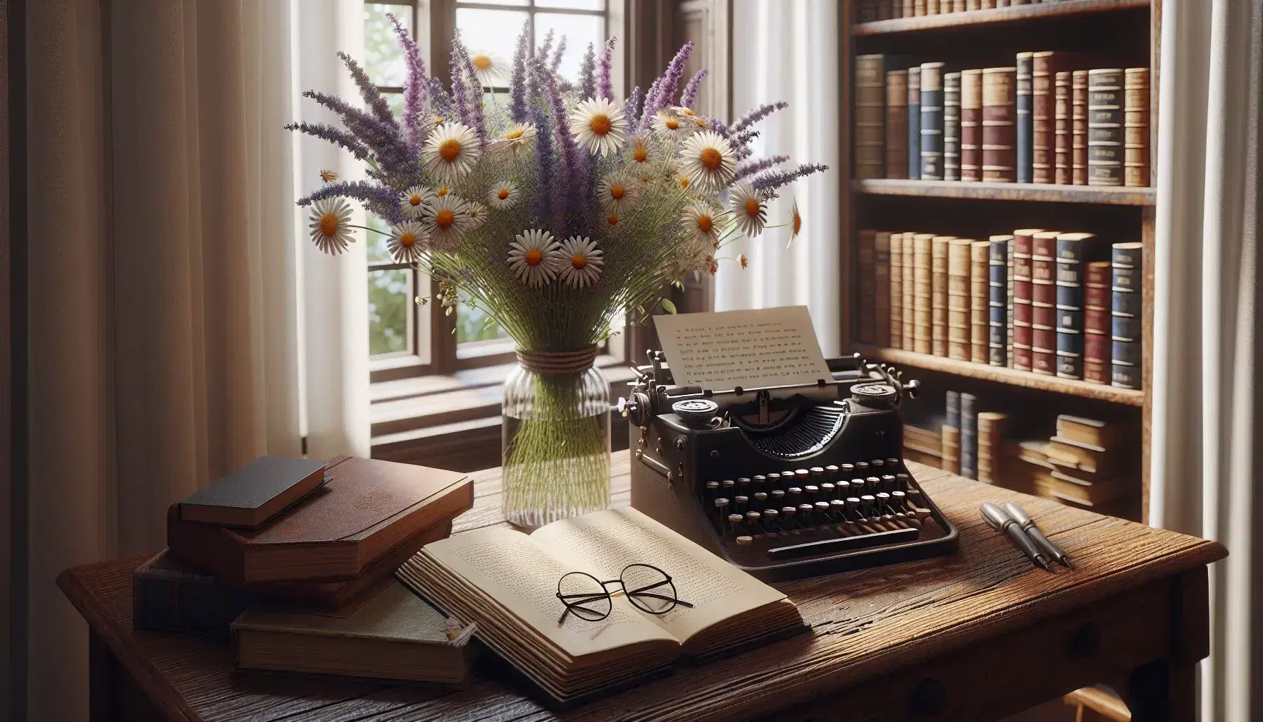 Rustic wooden desk by a window with sheer curtains, an open book, vintage typewriter, wildflower bouquet, and round eyeglasses, warm light.