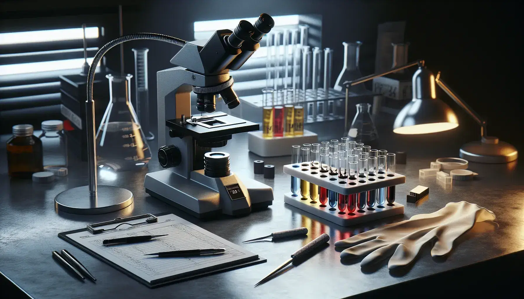 Laboratorio forense con microscopio nero, provette colorate in supporto bianco, pinzette, guanti in lattice e blocco note con penna.