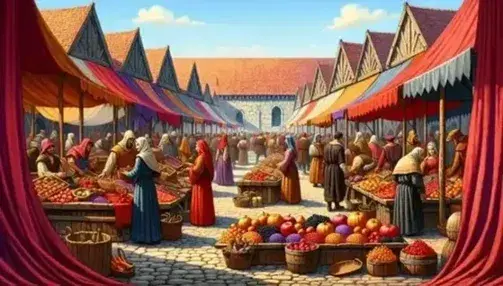 Mercato medievale all'aperto con banchi di legno che espongono frutta, tessuti e utensili, circondati da persone in abiti d'epoca e edifici in pietra sullo sfondo.