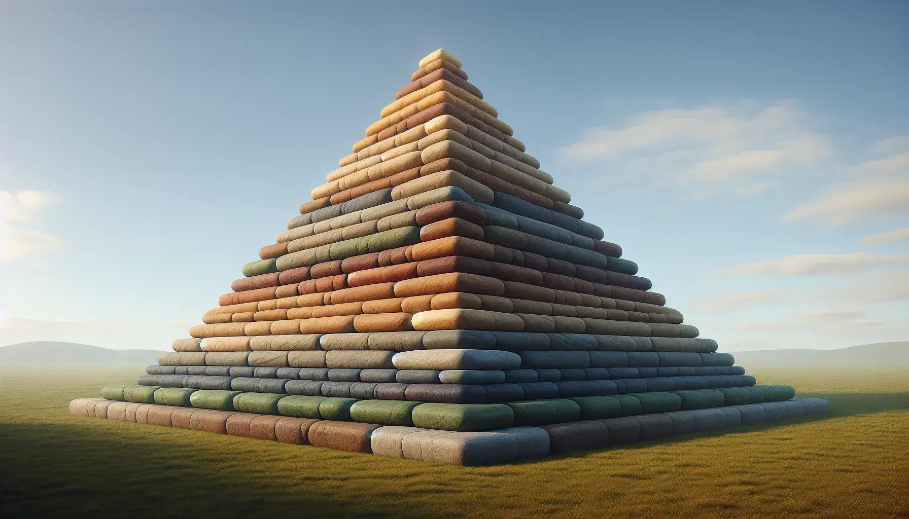 Brown to purple five-layered pyramid located on a green lawn under a blue sky with mountains in the background.
