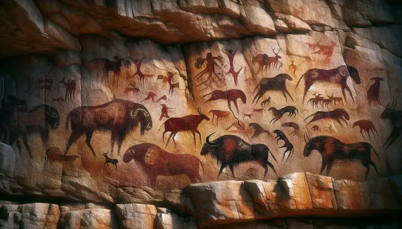 Pinturas rupestres prehistóricas en tonos rojizos, negros y amarillos que representan bisontes, caballos, ciervos y figuras humanas con arcos en una pared rocosa.