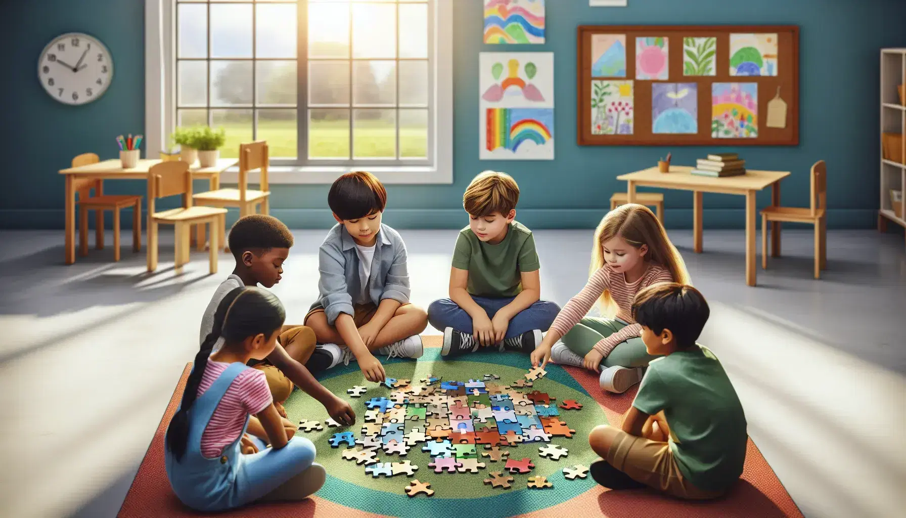 Bambini di diverse etnie collaborano a completare un puzzle colorato in una luminosa aula scolastica.