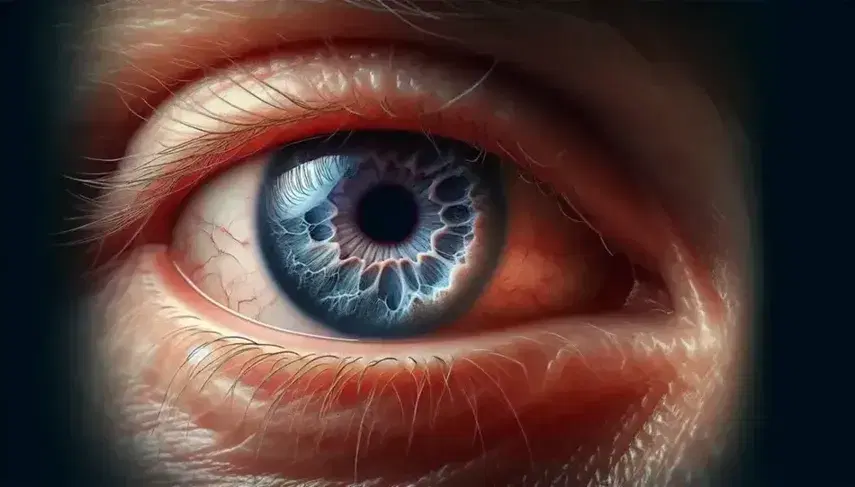 Close-up of a human eye with dilated pupil and vibrant blue iris, surrounded by thin red veins on white sclera and curved eyelashes.
