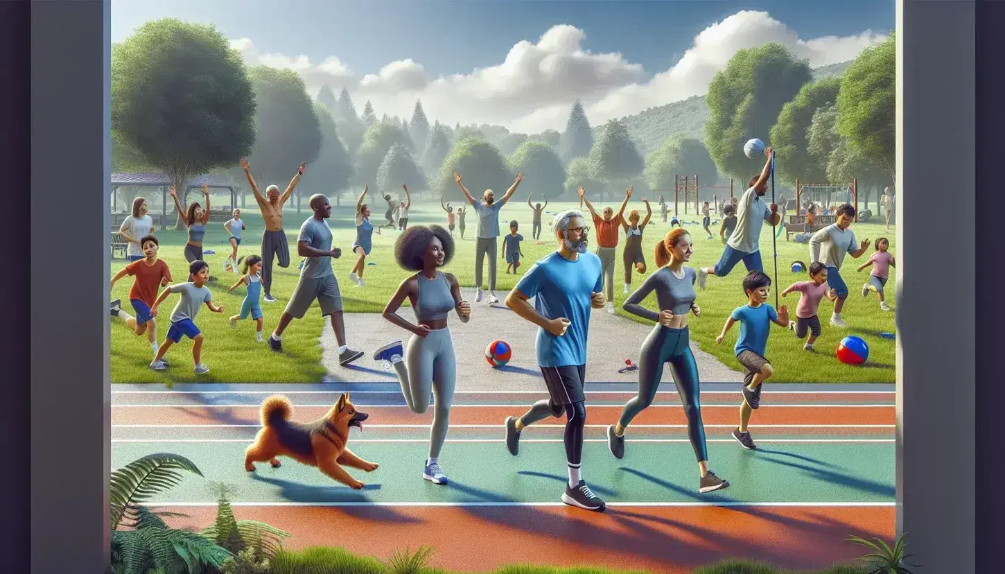 Personas de diversas edades y etnias realizando actividades físicas al aire libre en un parque, con un hombre y una mujer corriendo, un grupo haciendo yoga y niños jugando con un balón.