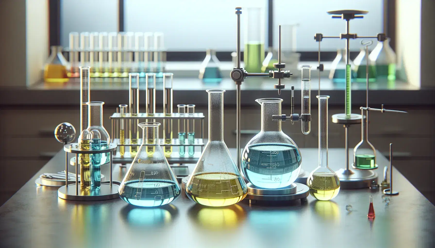 Mesa de laboratorio con Erlenmeyers conteniendo líquidos de colores, tubo de ensayo en soporte metálico, balanza analítica y pipetas de vidrio.