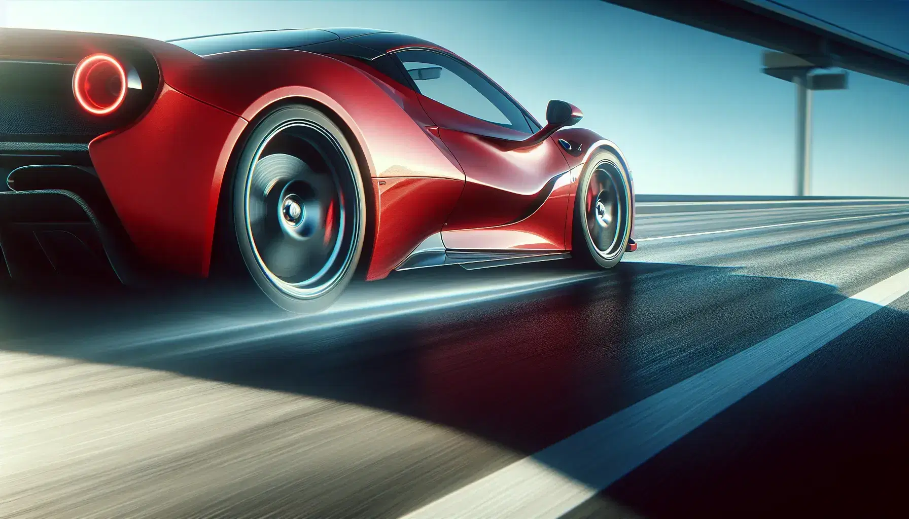 Red sports car speeding on a straight road with dust trail under a clear blue sky, showcasing motion and sleek aerodynamic design.