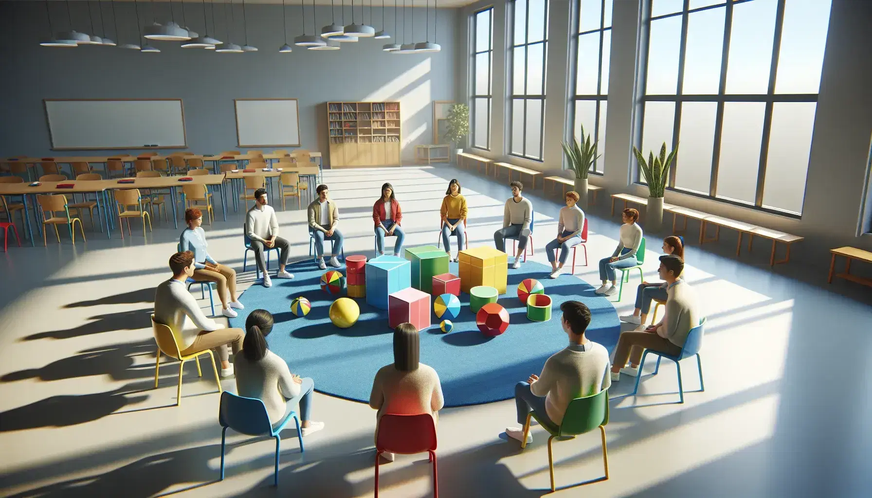 Studenti di varie etnie seduti in cerchio su sedie colorate in aula luminosa interagiscono con oggetti didattici come cubi e sfere.