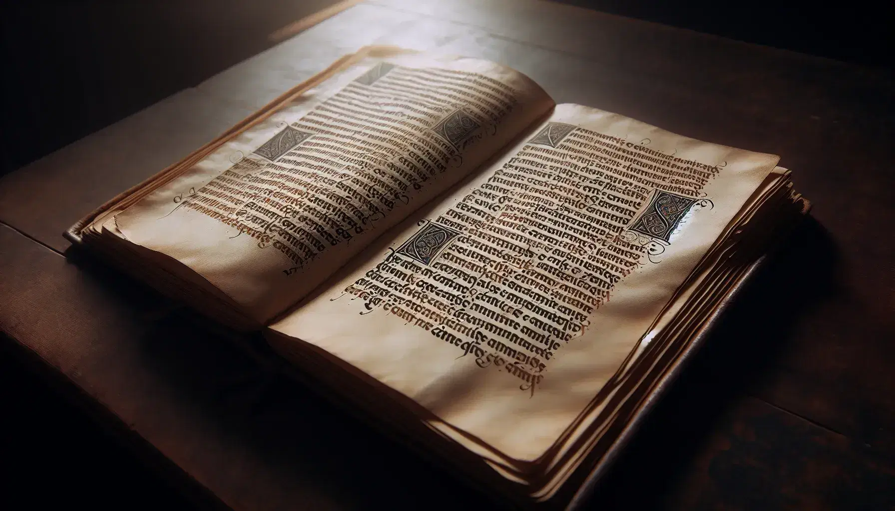 Manoscritto medievale aperto con testo in calligrafia gotica su tavolo in legno scuro, pagine avorio con bordi ondulati.