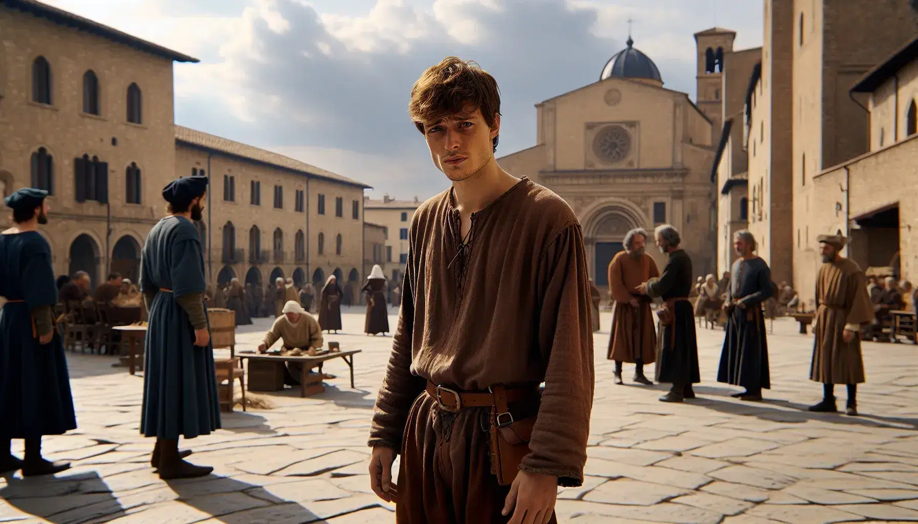 Giovane uomo in abiti medievali con espressione confusa in piazza italiana del XIV secolo, tra persone e architettura tipica, sotto cielo sereno.