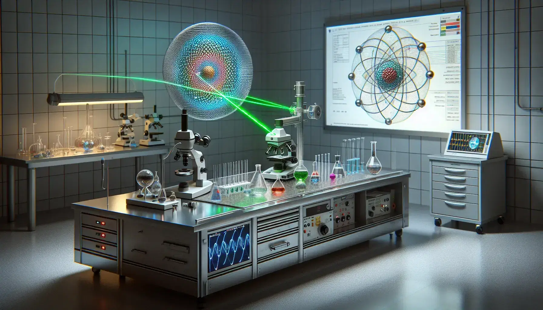 Laboratorio scientifico moderno con tavolo da lavoro, microscopi, pipette, provette, modello 3D di atomo e laser che crea interferenze.