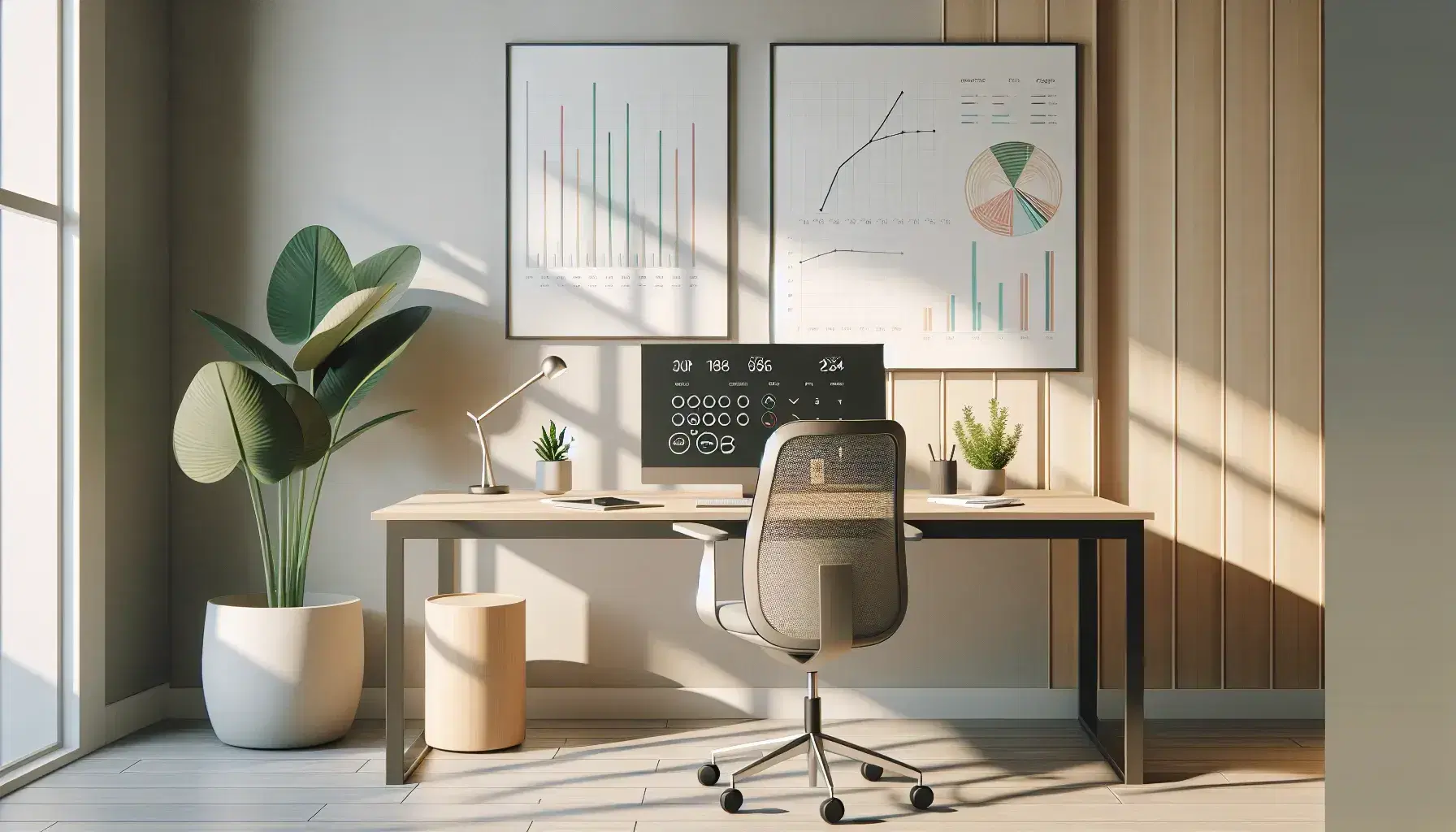 Escena de oficina minimalista con escritorio de madera, calculadora apagada, gráficos coloridos, silla ergonómica y planta interior, iluminada por luz natural.