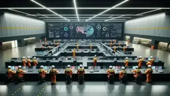 Grupo de profesionales en sala de control con uniformes naranjas y cascos blancos alrededor de una mesa con monitores, en ambiente de trabajo concentrado.