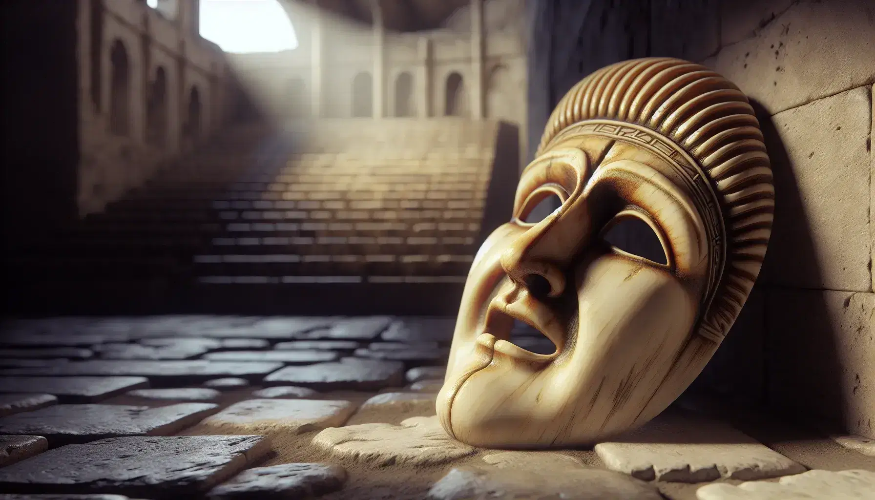 Maschera teatrale romana antica in primo piano su sfondo di pietra, con espressione drammatica e dettagli scolpiti, in un'ambientazione teatrale sfocata.