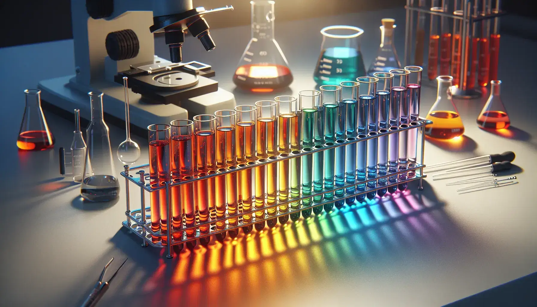Provette in vetro con liquidi colorati in gradazione arcobaleno su supporto metallico in laboratorio, con strumenti scientifici sullo sfondo.
