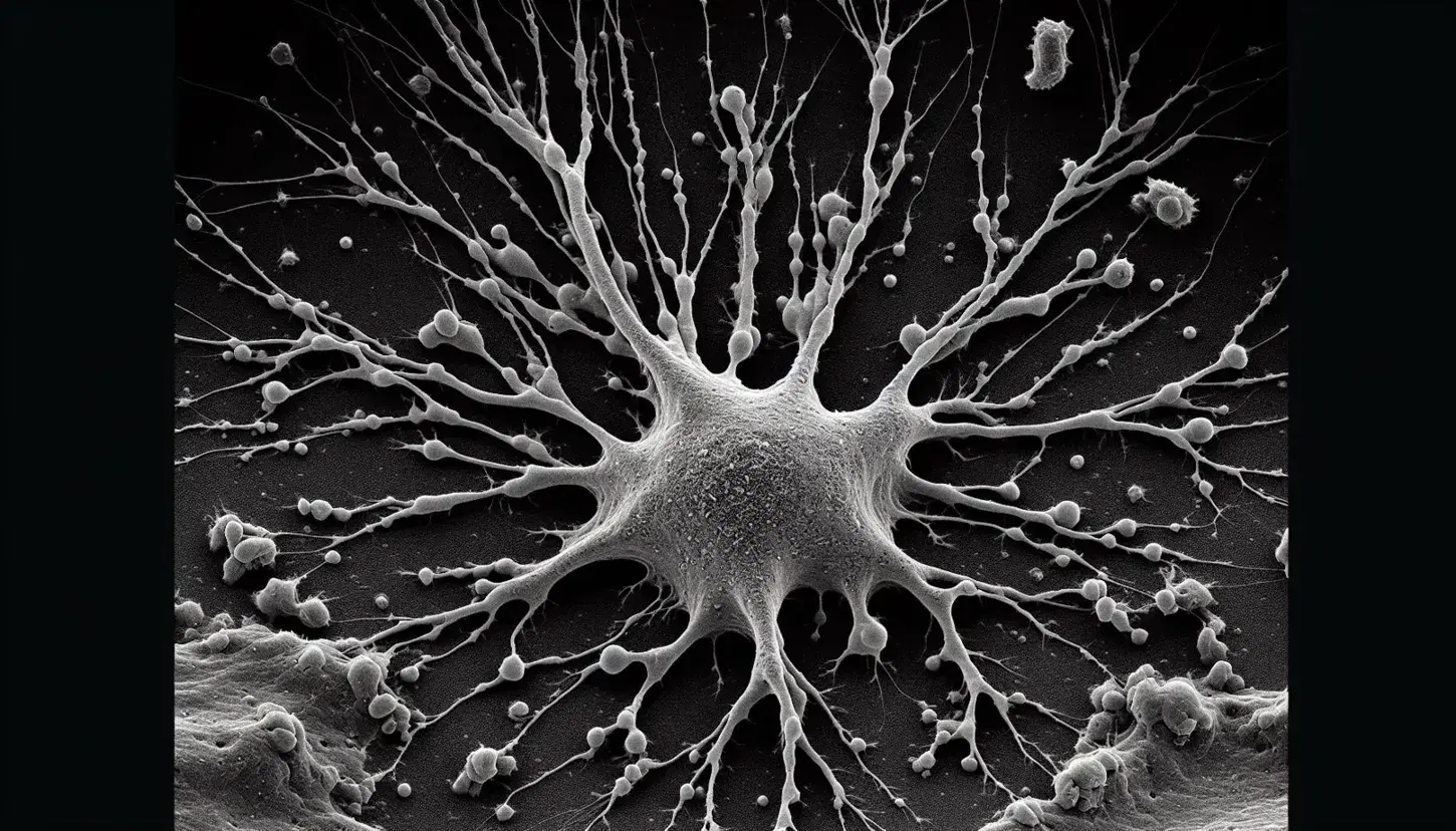 Micrografía electrónica en escala de grises de un cúmulo de células dendríticas con proyecciones ramificadas y textura granular sobre fondo oscuro.