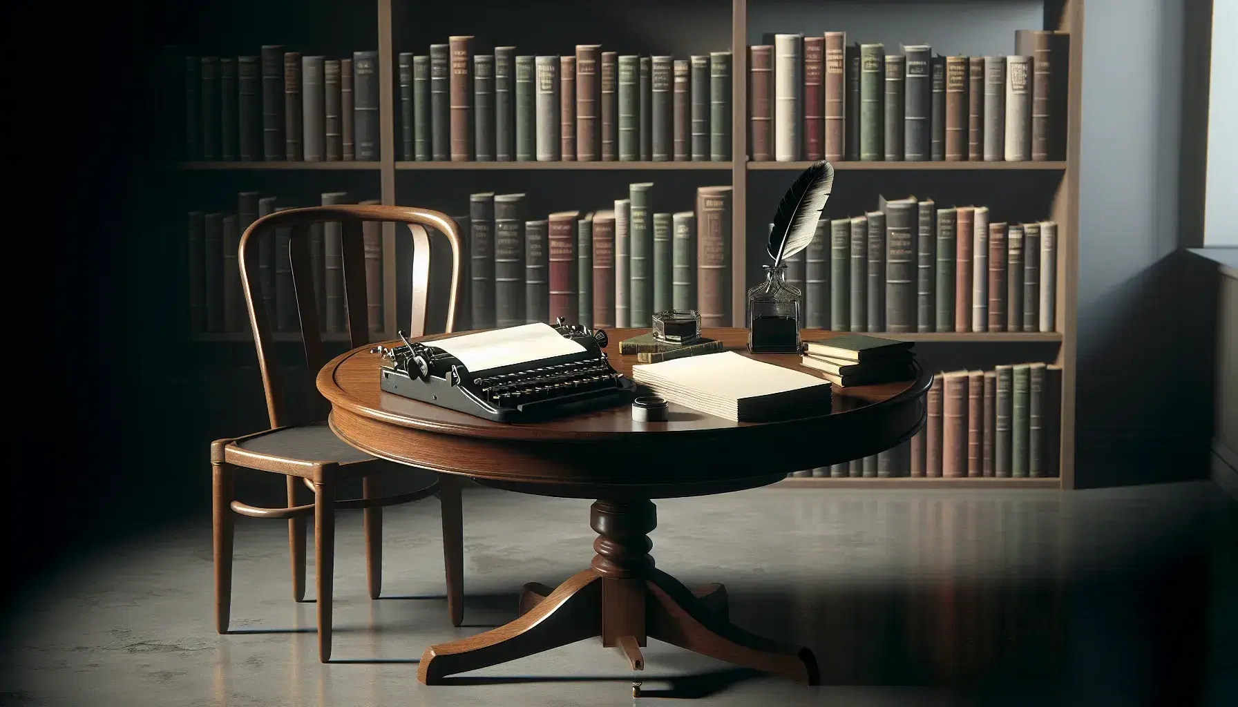 Vintage typewriter on a wooden table with blank paper, quill pen, inkwell, and a bookshelf filled with hardcover books in a dimly lit room.