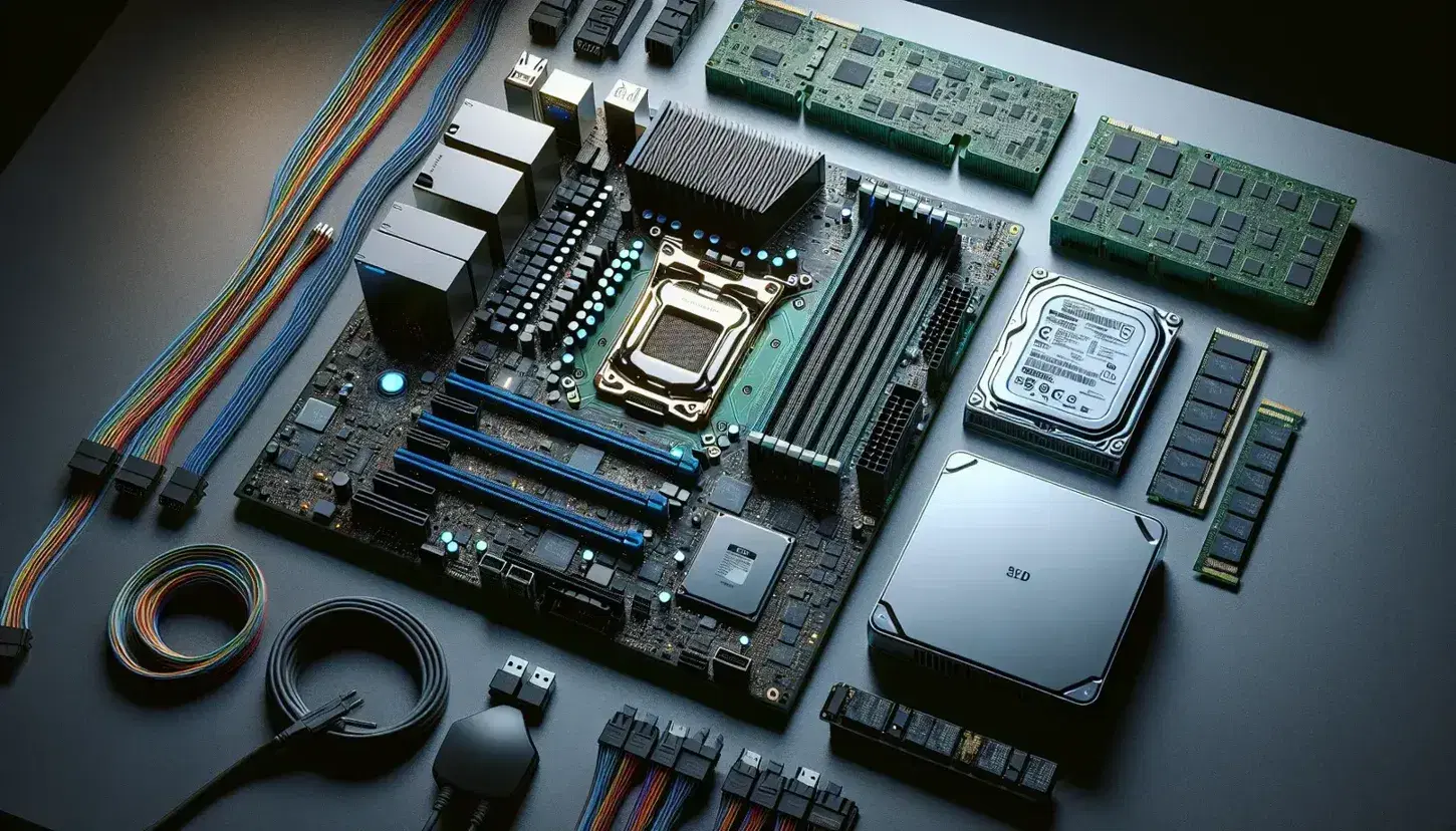 Vista aérea de una mesa de trabajo con una placa base de computadora, un procesador metálico, módulo de RAM, disco duro y SSD, junto a cables multicolores, ratón y teclado.