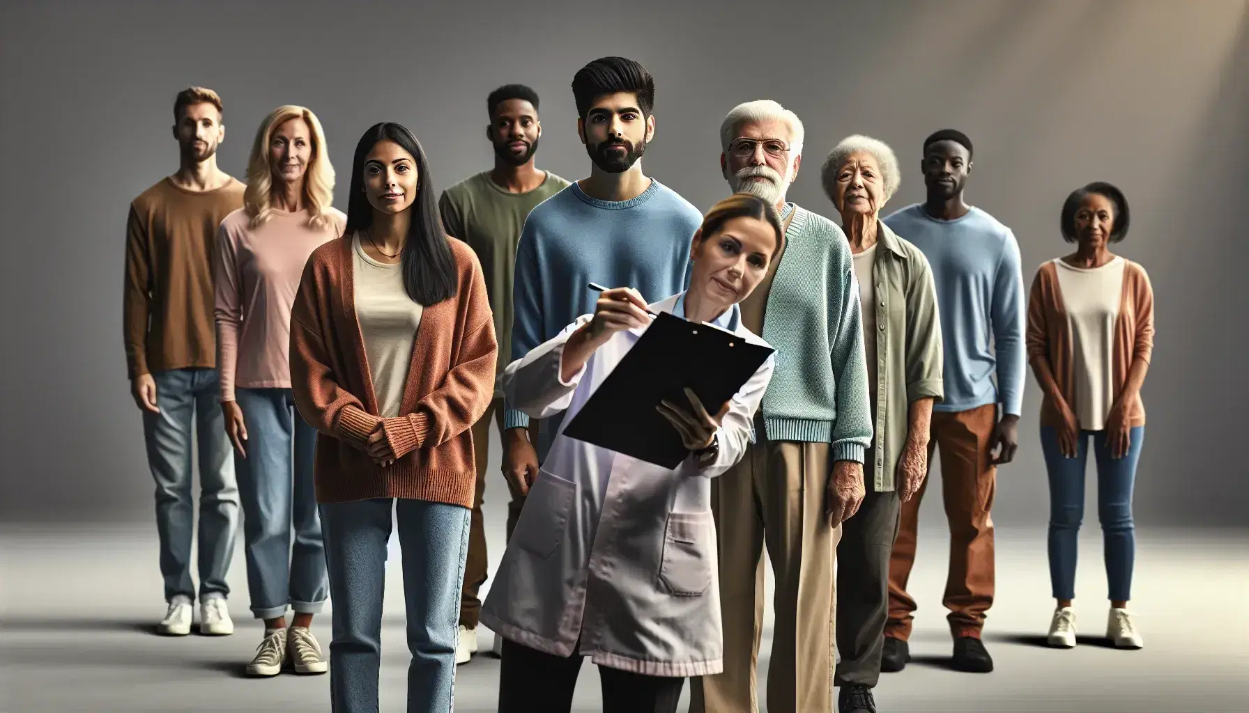 Diverse group in semi-circle with South Asian female researcher and senior Black man, symbolizing population sample, in a neutral setting.