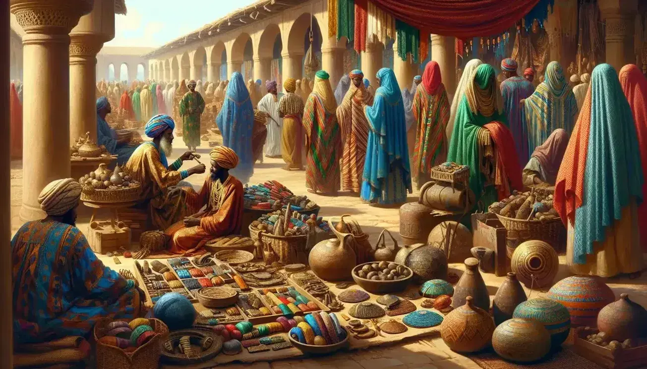 Vibrant ancient Hausa market scene with locals in traditional attire trading pottery, grains, and textiles amid sun-dried brick buildings and minarets.