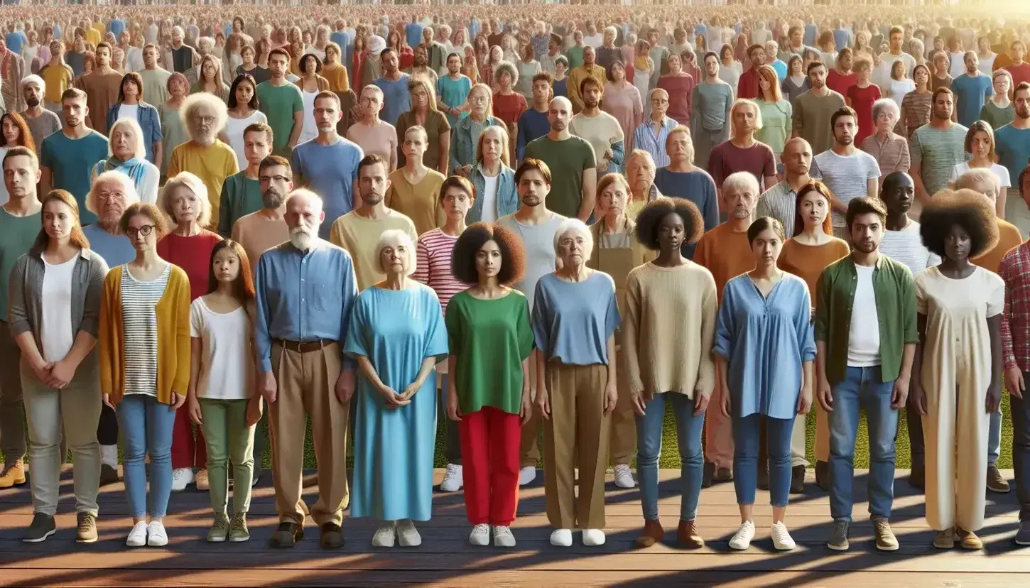 Diverse group standing in solidarity, with individuals of various ages and ethnicities, some holding hands, dressed in colorful casual attire.
