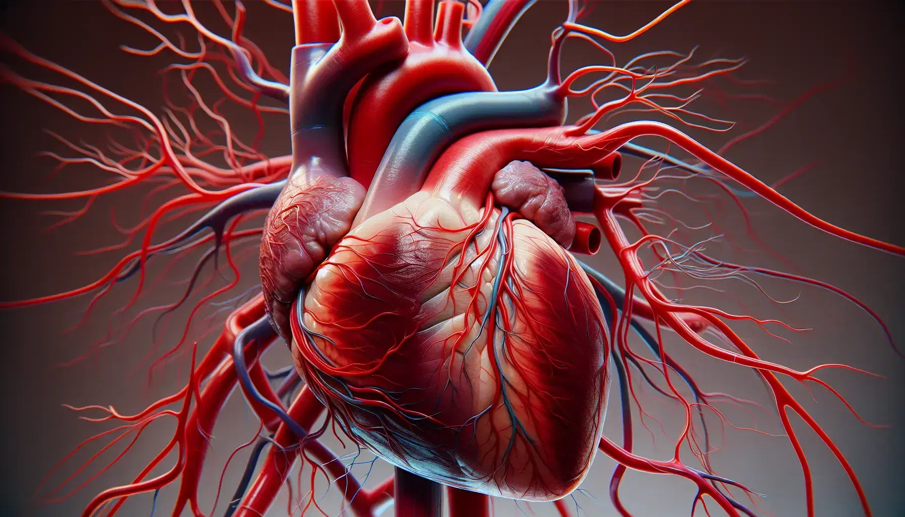 Modelo anatómico detallado de un corazón humano con cámaras y vasos sanguíneos en tonos rojos y azules, y sistema linfático en verde sobre fondo neutro.