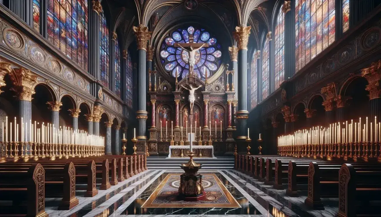 Ornate church interior with polished marble floors, stained glass windows, a majestic wood and gold altar with candles, and high frescoed ceilings.