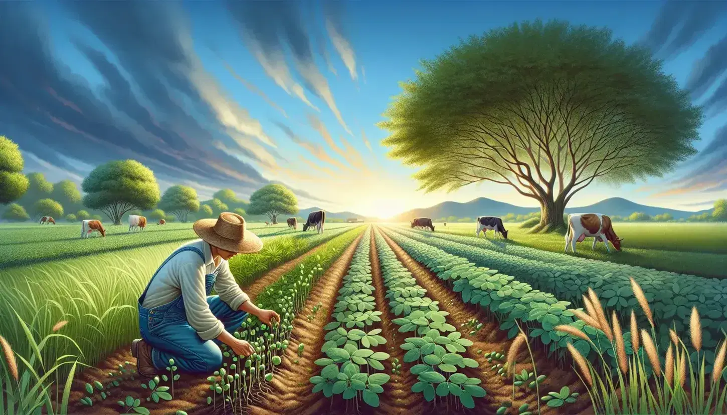 Kneeling farmer examines roots of leguminous plants with nodules in green field, under blue sky with grazing cows and large tree.