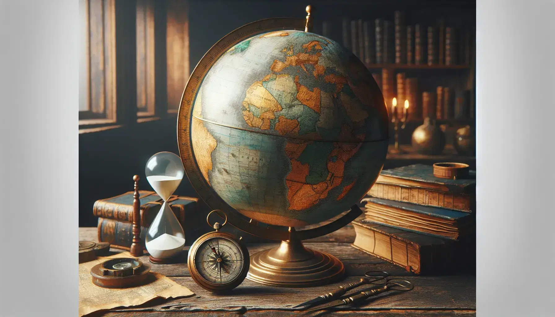 Vintage world globe on a wooden table with a brass compass, hourglass, and leather-bound books, evoking a sense of exploration and history.