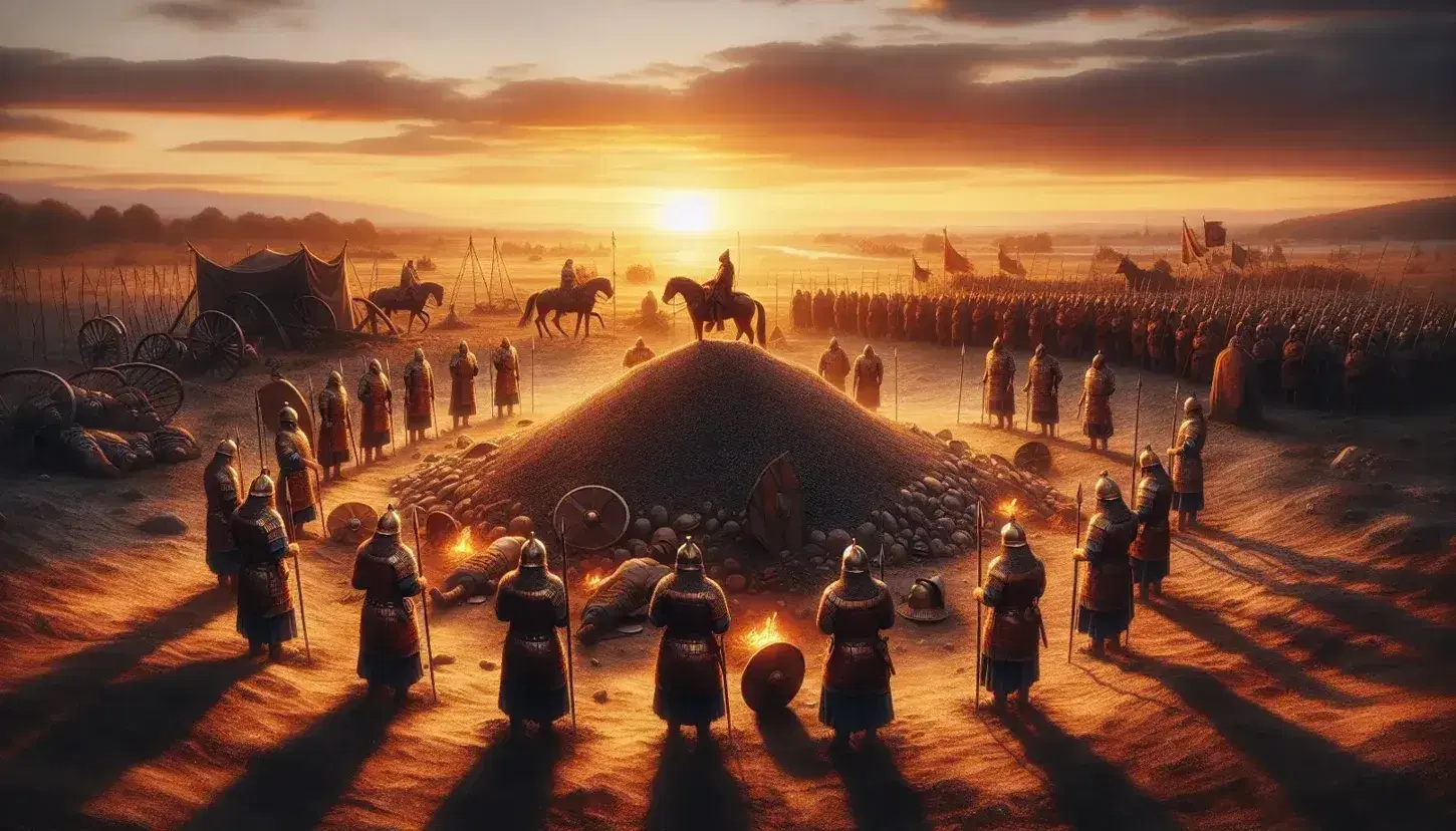 Tramonto su antico campo di battaglia con guerrieri in armatura attorno a una tomba fresca, cielo arancione, carri da guerra e tende sullo sfondo.