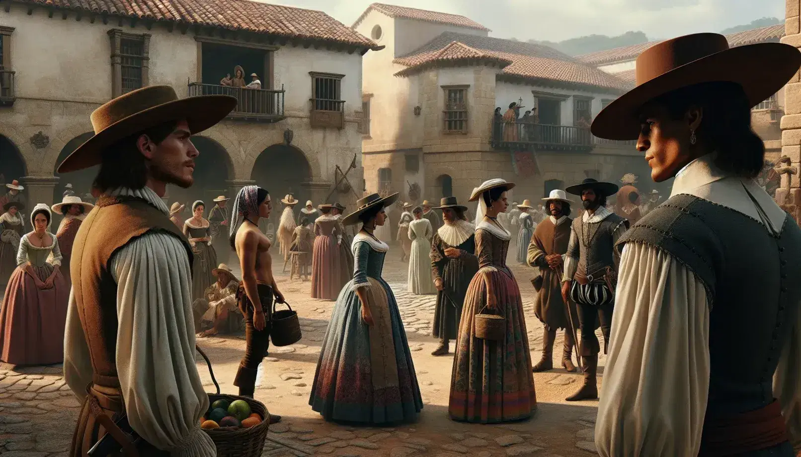 Escena de mercado colonial con personas de diversas etnias, hombre con sombrero y mujer con cesta de frutas en primer plano, edificaciones de época y árbol frondoso al centro.