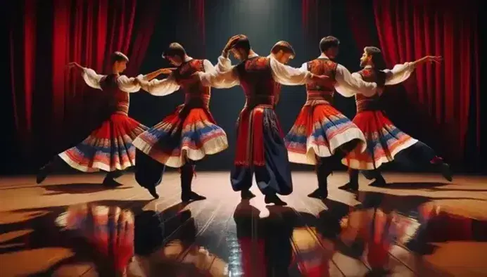 Cinco bailarines en escenario de madera realizan danza tradicional con trajes coloridos, bajo iluminación cálida y frente a cortina roja.