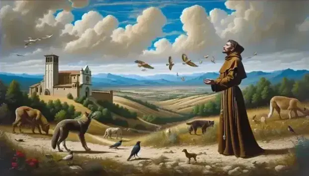 San Francesco d'Assisi in abito francescano accoglie animali su un sentiero umbro, con una chiesa romanica sullo sfondo.