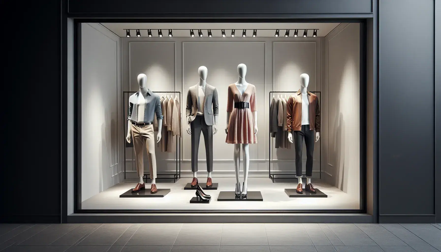 Vitrina elegante con maniquíes en tonos beige y gris, vestidos con camisa azul, vestido rojo y chaqueta de cuero, accesorios como zapatos y bolso complementan la escena.