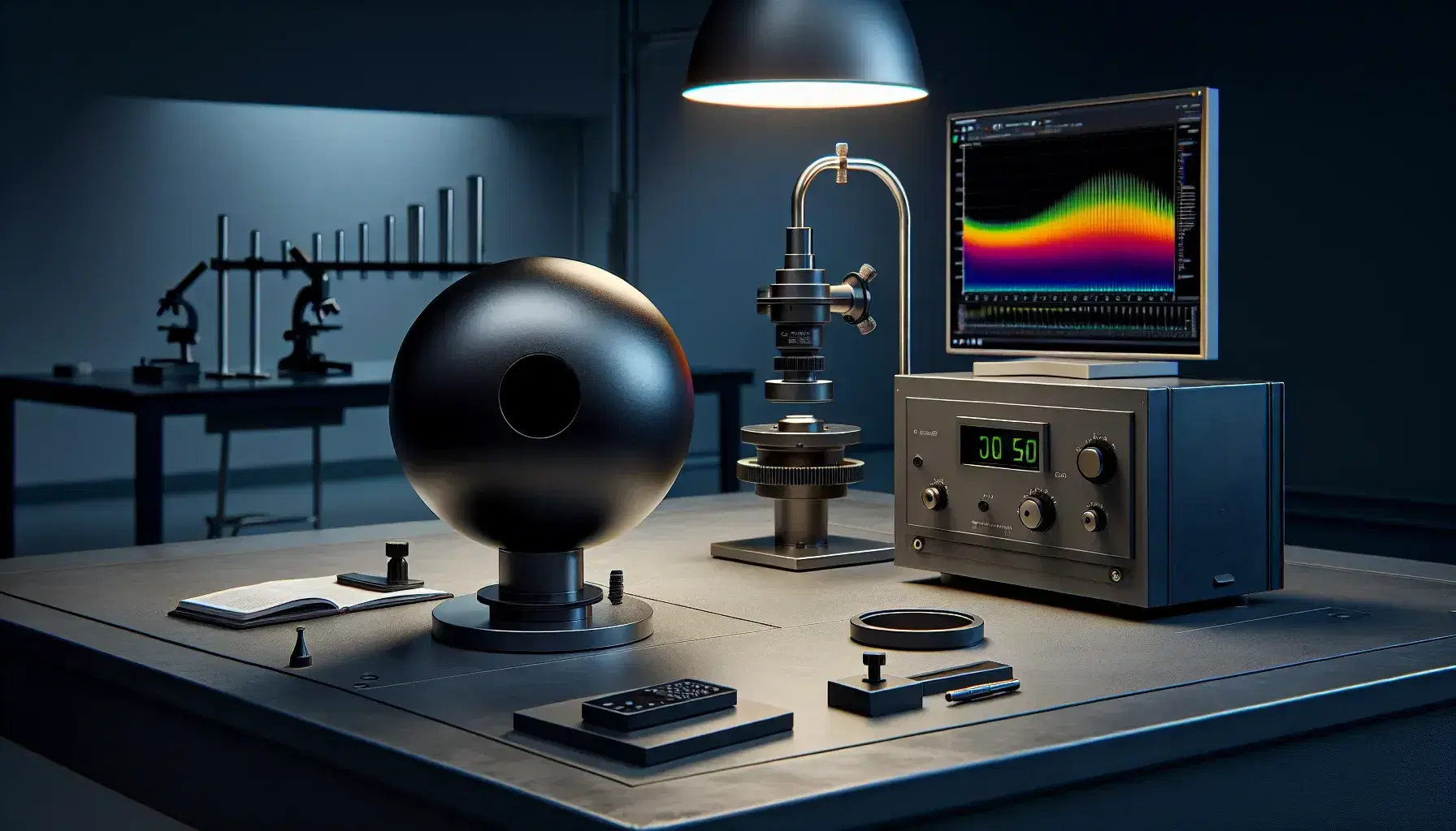 Laboratory setup with a blackbody radiator and digital spectrometer connected to a computer displaying a spectral graph, with optical lenses on a stand in the background.